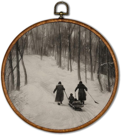 KSDUT Vintage Winter Wall Decor Art - Snowy Sleigh Wall Art Canvas Frame Hanging Prints, Retro Xmas Forest Woodland Wild Animal Round Wall Art Decor for Home Farmhouse Decorations 10"x10"