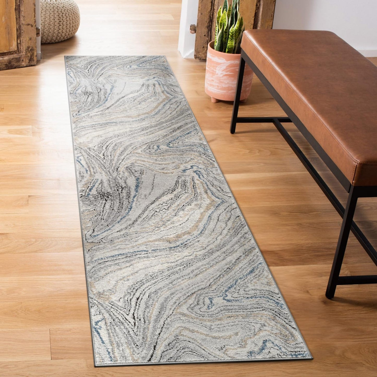 Rugshop Marble Swirl Distressed Gray Area Rug 2' 3" x 12' Runner Ideal for Hallway, Kitchen, Entryway, or Behind the Sofa