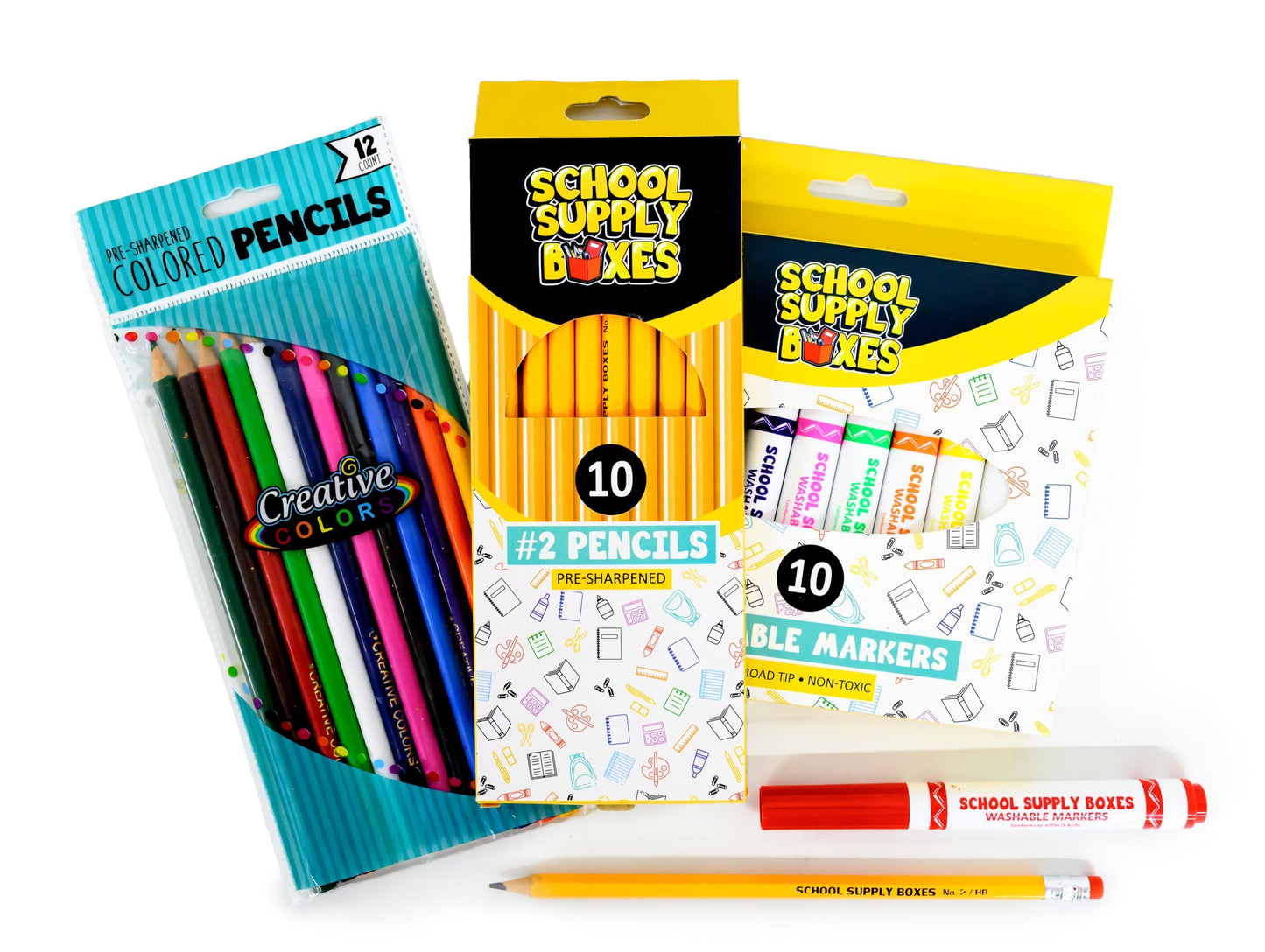 Back to School Supply Box Grades K-5 - School Supply Boxes - 32 Piece School Supplies Kit Includes Markers, Crayons, Pencils, Scissors, Folders, Glue Sticks, Notebook, and Composition Book