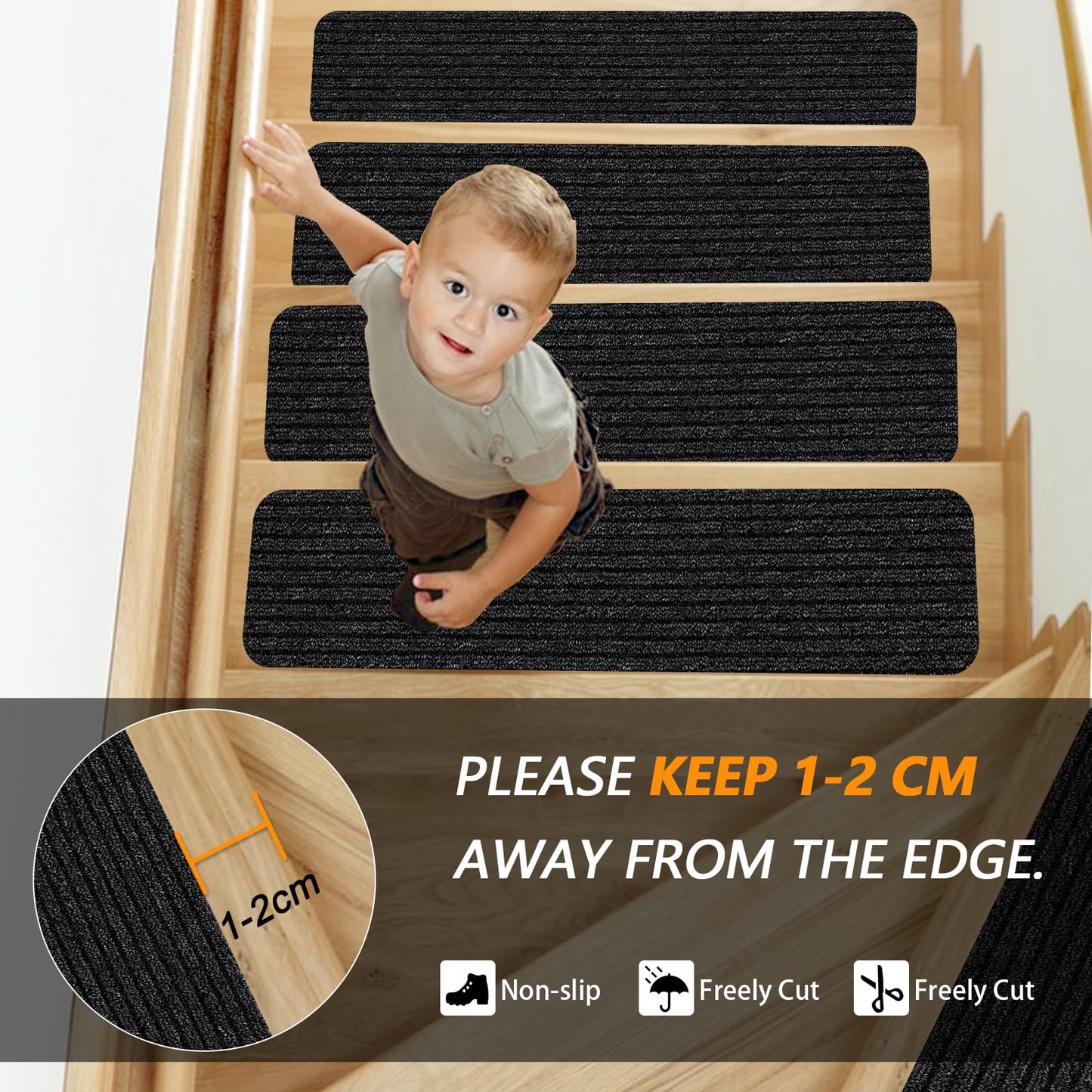 Lacut Non-Slip Stair Treads, 7.8" X 30" (15-Pack) Stair Runner Indoor Outdoor Mat, Black Slip Resistant Stair Tread Mats Step Covers Pads for Elders, Kids and Pets (30" x 7.8", Black)