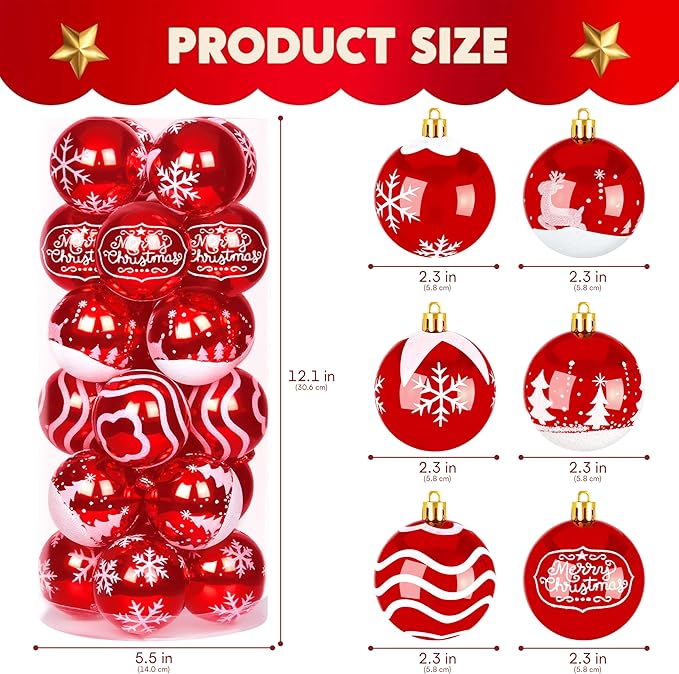 Joiedomi 24 Pcs 2.3” Red & White Christmas Ball Ornaments, Shatterproof Plastic Christmas Tree Ornaments, Hanging Decor for Wreath Garland Party Weddings Holidays