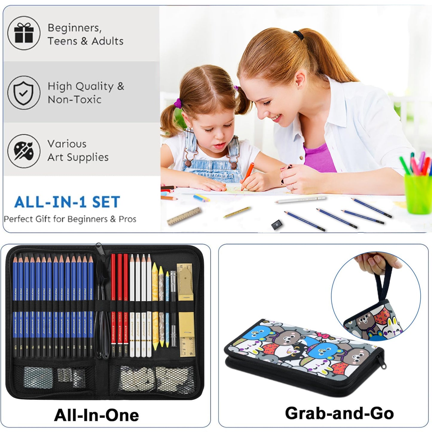 Daerthotk 53 PCS Drawing Kit Sketching Pencil Set, Sketch Pencils Art Supplies with Graphite, Charcoal, Blending Tools, Drawing Pencils for Artists Adults Beginner Family Friends