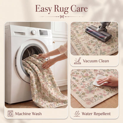 BreezeRise 5x7 Area Rug for Living Room，Boho Beige Butterfly Bow Rug Pink and Green Florals，Non-Slip Washable Foldable Bedroom，Dining Room