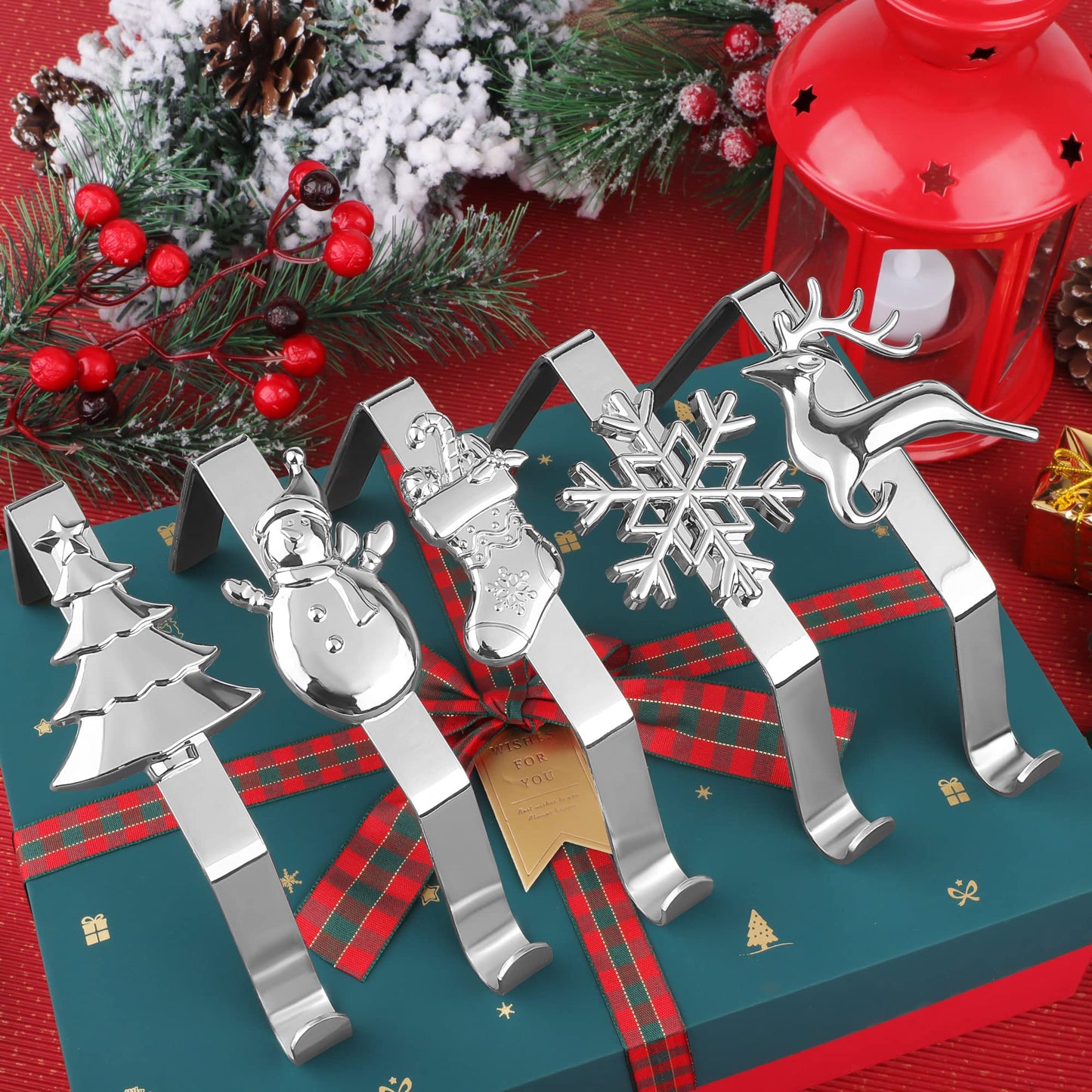 URATOT Pack of 5 Christmas Stocking Holders Mantel Hooks Hanger Christmas Stocking Clips in 5 Styles for Christmas Party Decoration