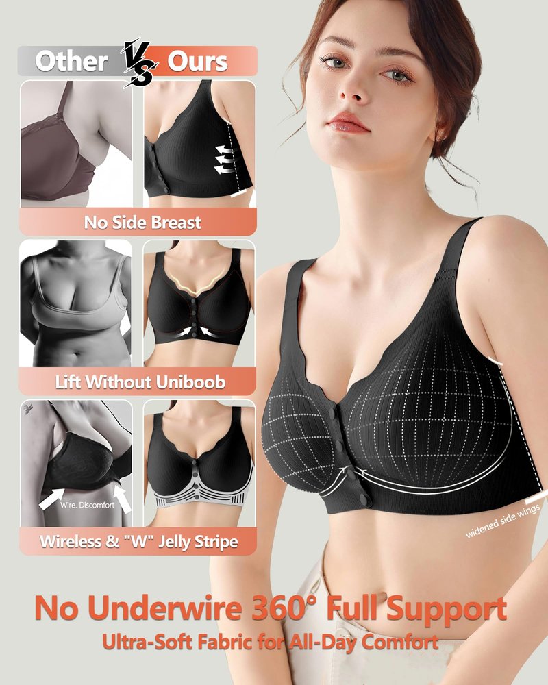 Tupaba Jelly Front Closure Bras for Women Wireless Padded Post Surgery Bra No Underwire Seamless Full Coverage Supportive Comfortable Mastectomy Bralettes for Older Womens Black