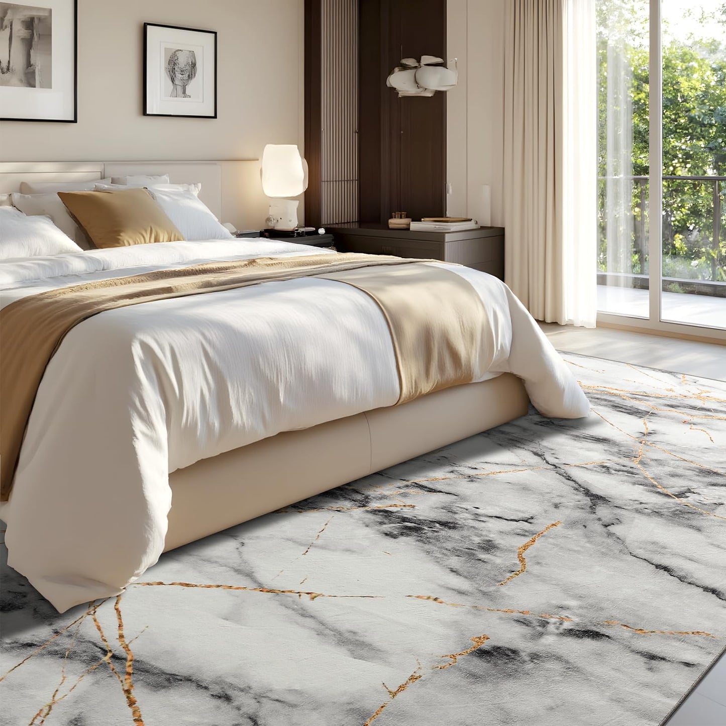 CRYPTOLITE Area Rugs 9x12 Rug for Living Room Abstract Washable Rug with Non-Slip Backing Low Pile Area Rugs for Bedroom, Dining Room, Gold&Grey