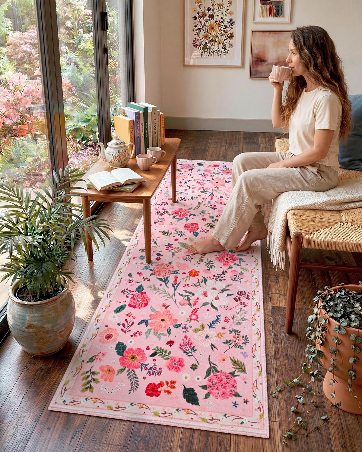 Macgace Pink Floral Runner Rug, 2x6 Flowers Printed Washable Rugs with Non Slip Backing for Girls Bedroom Kitchen Hallway, Cute Carpet Runners Home Aesthetic Decor