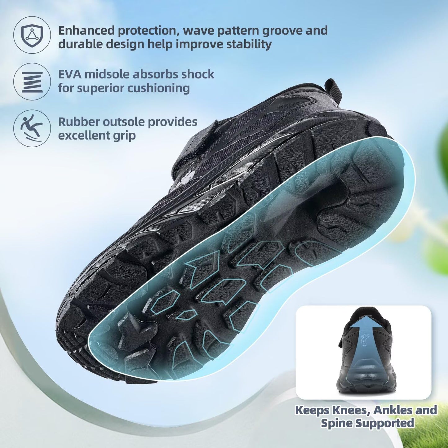 Boys Girls Kids Walking Shoes Arch Support: Orthopedic High Arch Orthotic Plantar Fasciitis Running Gym Sneakers, Supportive Athletic Lightweight Neuropathy Pain Relief Walking Shoes Black Big Kid 5