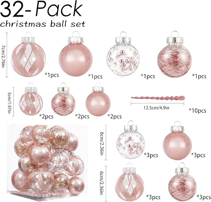 XmasExp 32ct Christmas Ball Ornaments Set -Rose Gold Clear Plastic Shatterproof Xmas Tree Ball Decorations Hanging Baubles for Holiday Decor