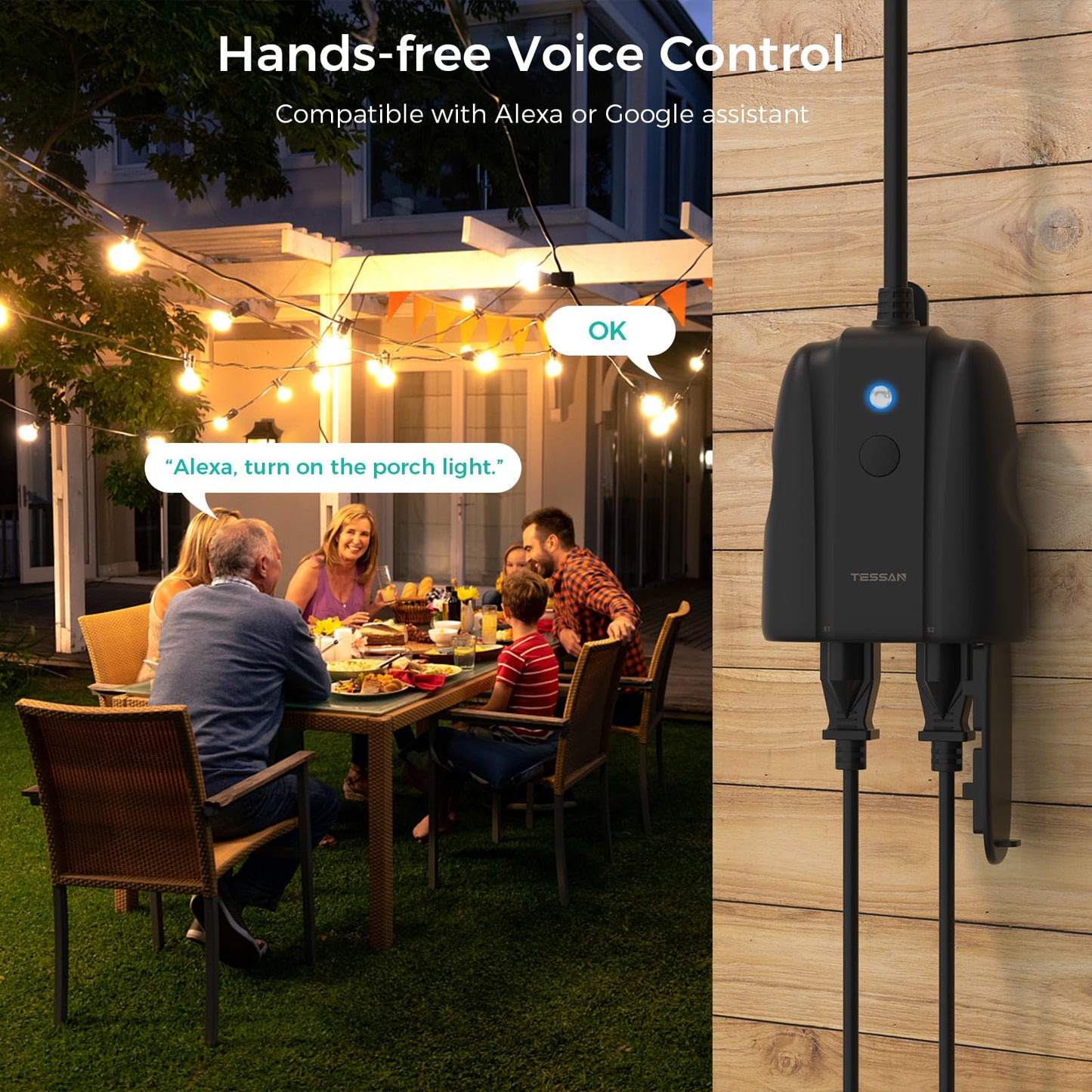 Outdoor Smart Plug Waterproof, TESSAN WiFi Smart Outlet Switch with 3 Individual Sockets Compatible with Alexa Google Home, Remote Control and Timer Function, 2.4GHz Wi-Fi Only