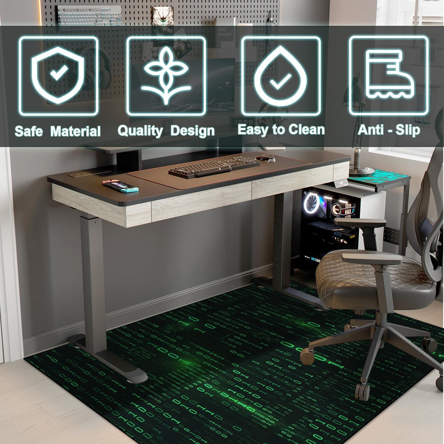 Washable Game Area Rug, Binary Code Design Gaming Programmer Teen Carpet Rug Doormat, Non-Slip Low-Pile Floor Carpet for Computer Bedroom Indoor Front Entrance Living Room Office (60" x 40")