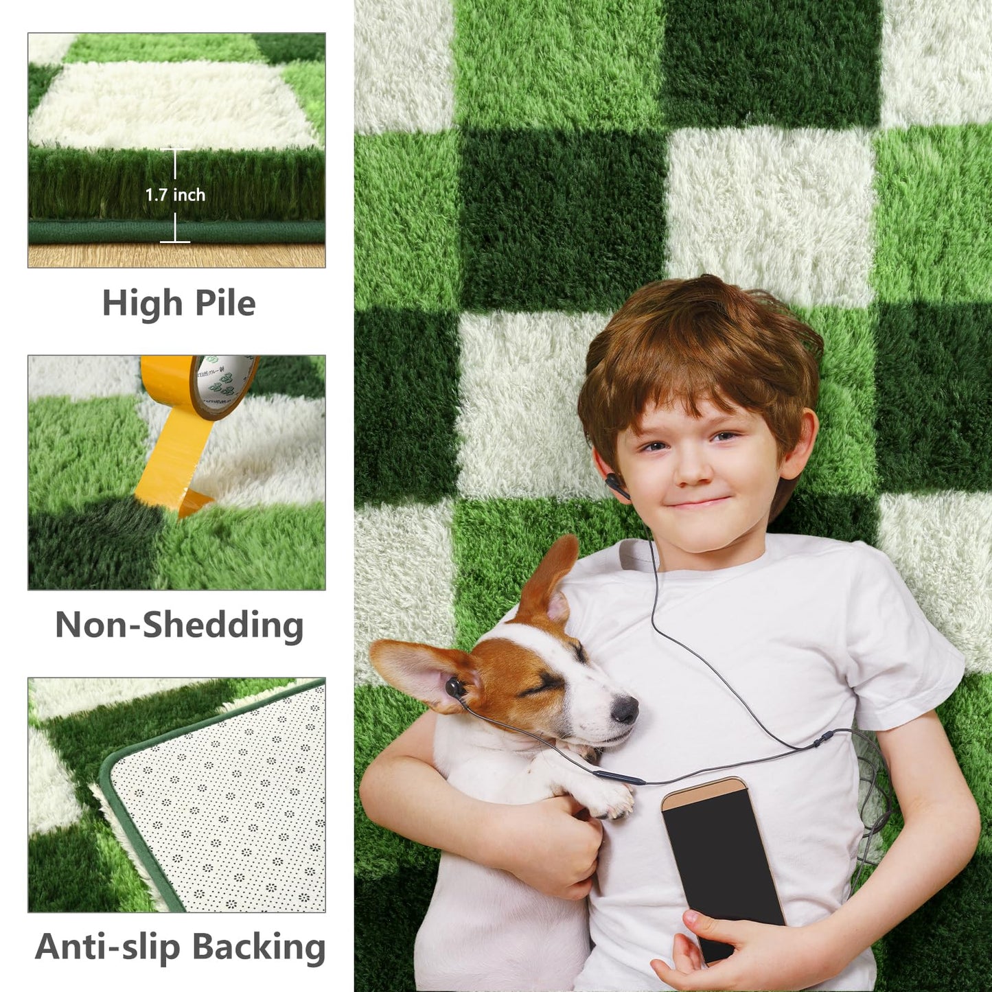 Nuttumico Modern Checkerboard Rug for Living Room Bedroom, 4x6 Ft Green Checkered Fluffy Carpet, Thickened Memory-Foam Area Rug for Kids Nursery Dorm, Home Decor, Anti-Slip and Easy to Clean