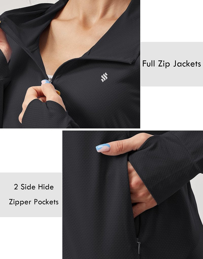 Soothfeel Women's UPF 50+ Sun Protection Hoodie Jacket Lightweight Long Sleeve Sun Shirt for Women with Pocket Hiking Outdoor A-Black