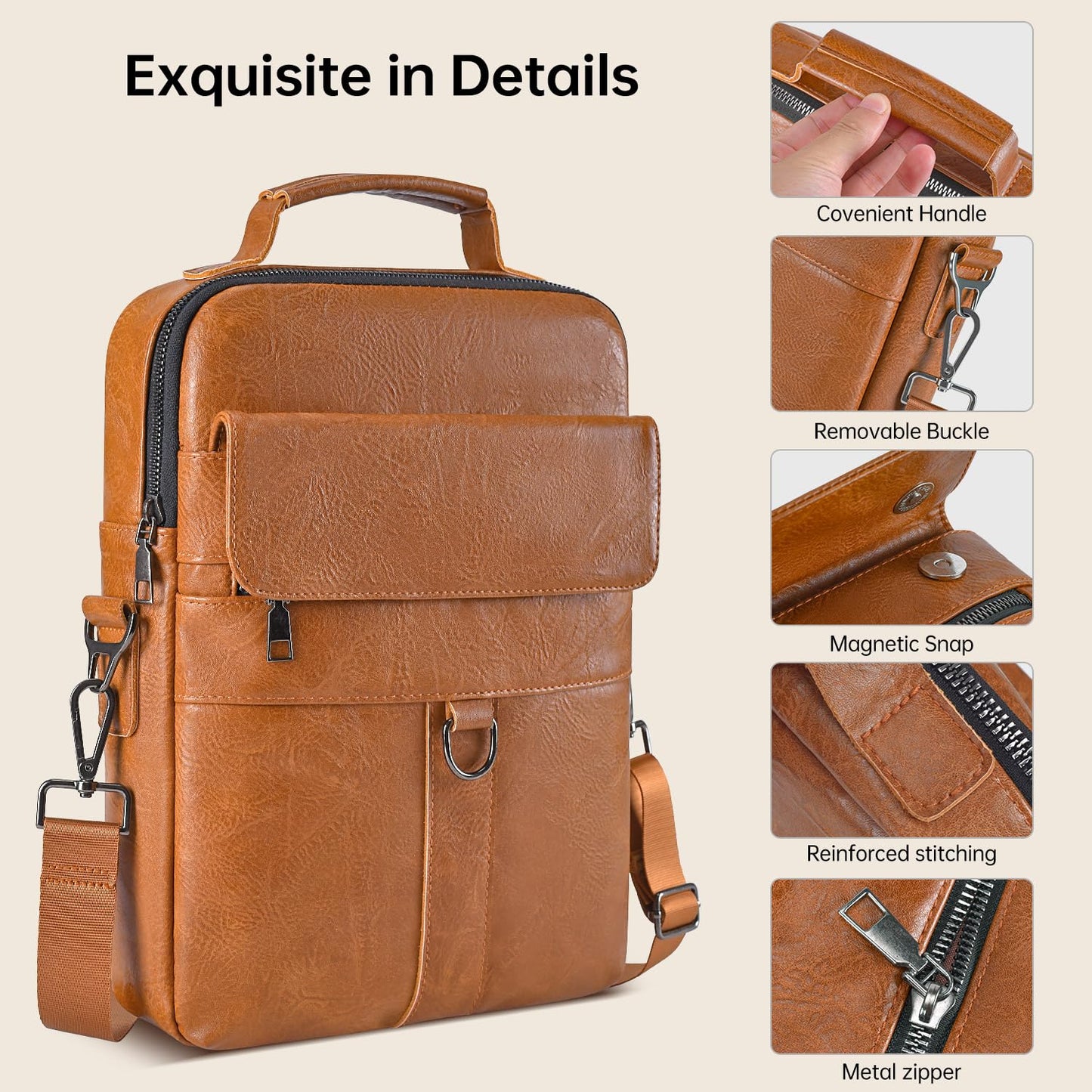 13 Inch Laptop Shoulder Bag Leather Briefcase for 2026 Macbook Neo A18, Macbook Air 13" M5 M4 M3 /Macbook Pro 14" M5 M4, iPad Air 13"/Pro 13" M5 M4, Vertical Laptop Sleeve Messenger Computer Bag,Brown