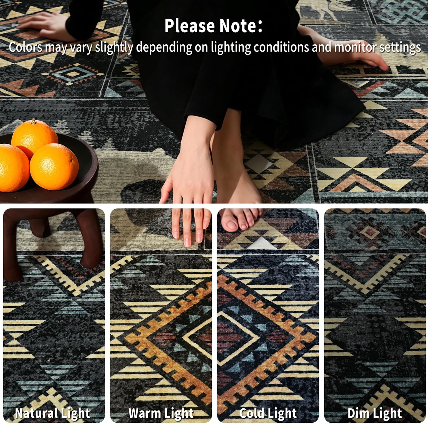 HOMORE Rustic Cabin Living Room Rug 5x7, Washable Southwestern Area Rug Geometric Carpet with Bear Print, Western Rugs for Bedroom Dining Room,Black