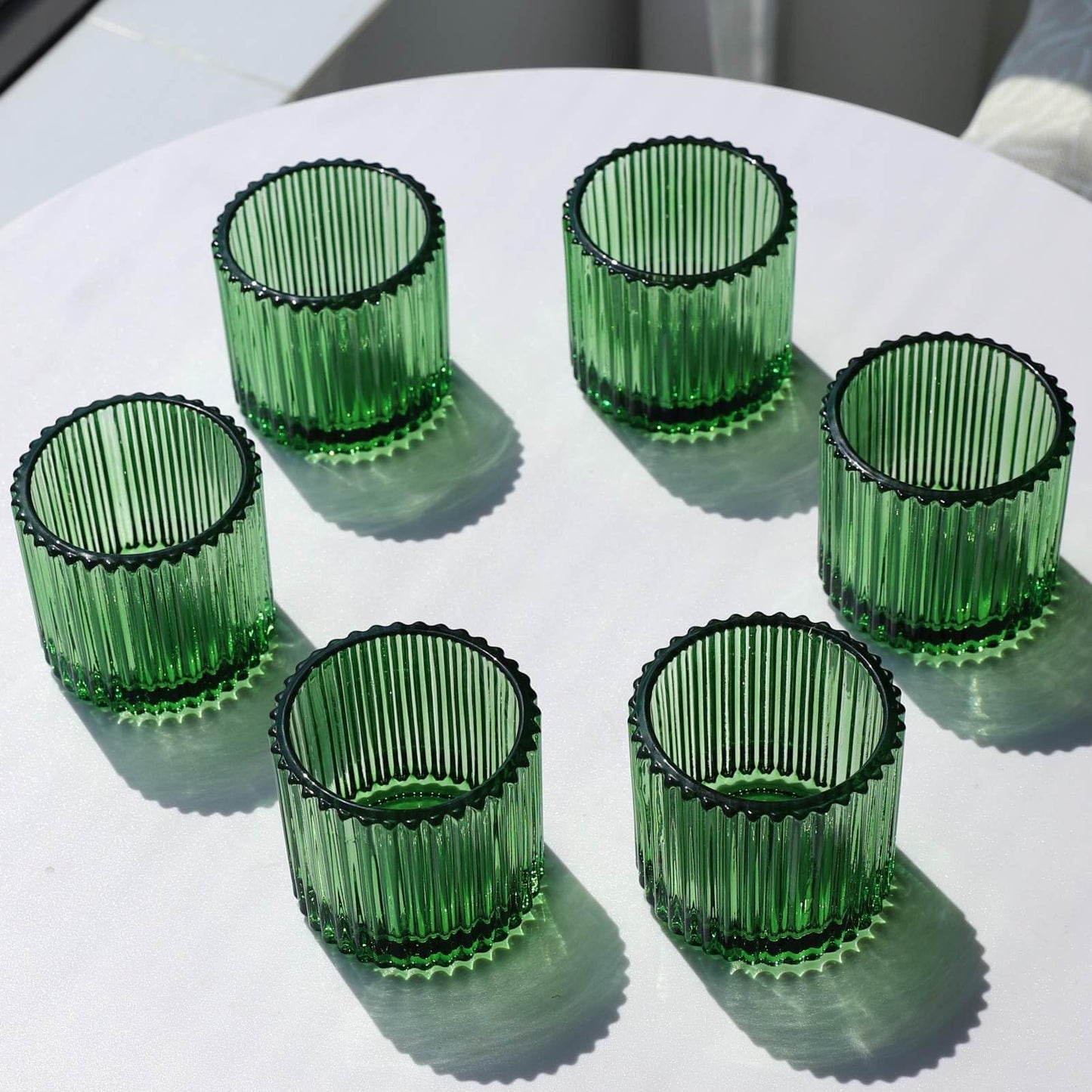 VOHO Large Votive Candle Holders 2.75'' x 2.56'' Set of 6, Ribbed Candle Holder for Votive/Tea Lights Candles, Green Votive Holder for Halloween/Christmas Holiday