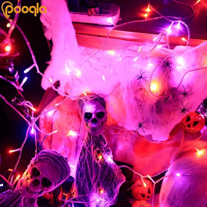 Pooqla Halloween Lights, 66 ft 200 LED Indoor Outdoor Halloween String Lights Plug in, Connectable 8 Modes Clear Wire Twinkle Fairy String Lights for Xmas Tree Decoration Clear wire, Orange and Purple