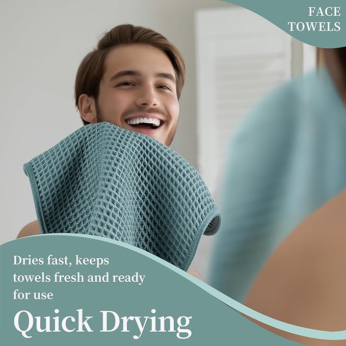 Microfiber Waffle Face Towels, 4 Pieces, Fast Drying, Lint Free 430 GSM