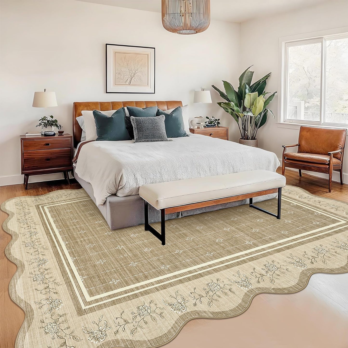 Garvee Washable Rugs for Living Room 8x10 Area Rugs for Bedroom Scalloped Rug Modern Bordered Non Slip Large Kids Bedroom Carpet Indoor Stain Resistant Floor Cover for Dining Room Office Nursery Camel