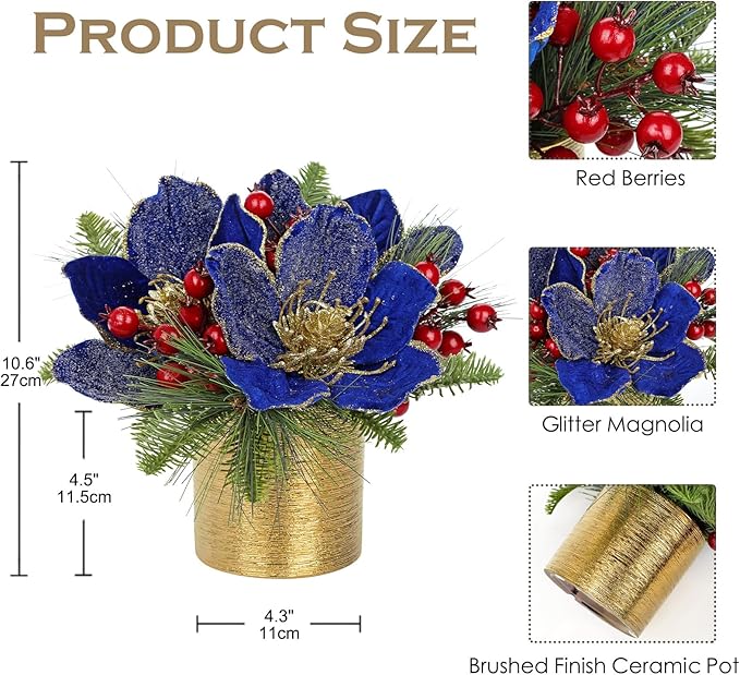13 inch Blue Christmas Table Centerpiece 5" Glitter Magnolia Flower and Berries Fir Greenery Artificial Christmas Floral Centerpiece in Silver Ceramic Pot Tabletop Xmas Table Arrangement Decor