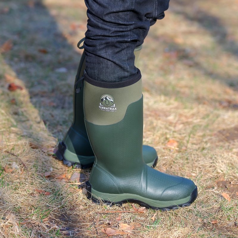 TerraTrax Men's Waterproof Insulated Rubber Hunting Boots – 6mm Neoprene Rain Boots for Outdoor Work, Fishing, Farming & Gardening Green Size 12