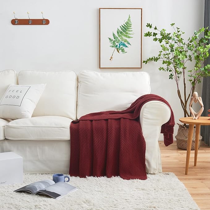 Longhui bedding Wine Red Knitted Throw Blanket for Couch, Cozy Machine Washable 100% Cotton Sofa Knit Bed Blankets, Heavy 4.0lb Weight, 60 x 80 Inches, Laundry Bag Included, Burgundy Color.