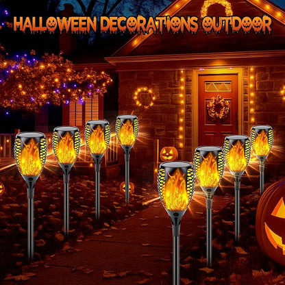 Upgraded 8 Pack Super Larger Size Solar Torch Lights with Flickering Flame, Extra Bright Solar Lights Halloween Decorations, Halloween Tiki Light Outdoor Waterproof for Garden Pathway Auto On and Off