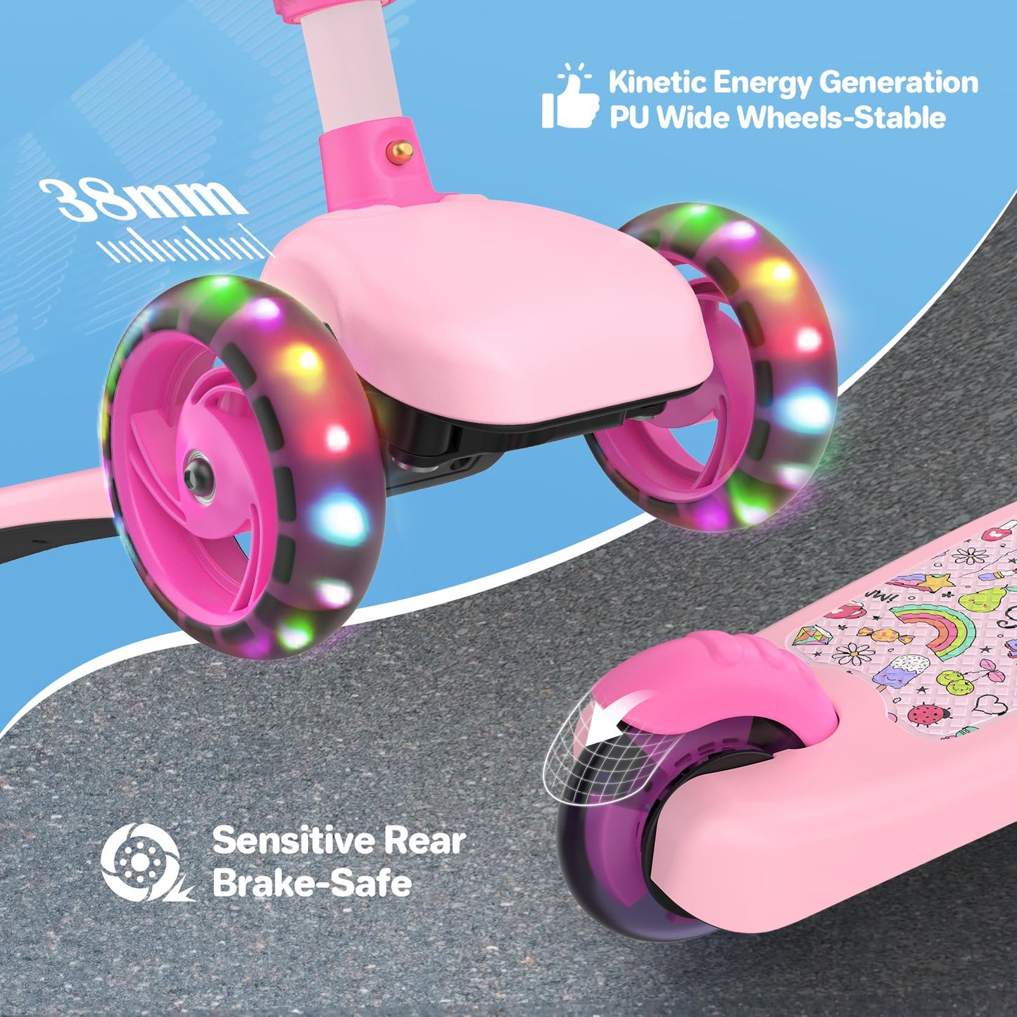 TONBUX Kids Scooter with Seat, 3 Wheels Scooter with PU Luminous Wheels, Non-Slip Handle and Wide Deck, Sensitive Brakes, 4-Level Adjustable Height, Scooters for Kids 2–8 Years Pink