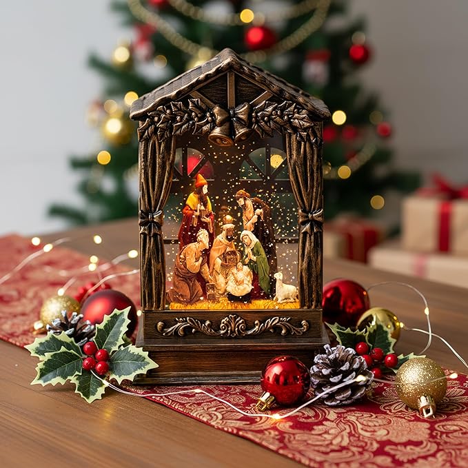 Three Kings Three Saints Window Christmas Snow Globe Swirling Glittering Nativity Figurines Manger Scene, USB Lined/Battery Operated Lighted Water Lantern for Christmas Festival Decoration Gifts