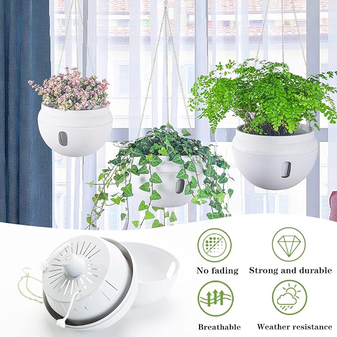 Sungmor 2PC 6.5" & 8.7" Dia. Self Watering Hanging Planters, Strong Plastic Hanging Flower Pots, Decorative Indoor Outdoor Hanging Basket, Garden House Porch Yard Detachable Base Suspended Plant Pots