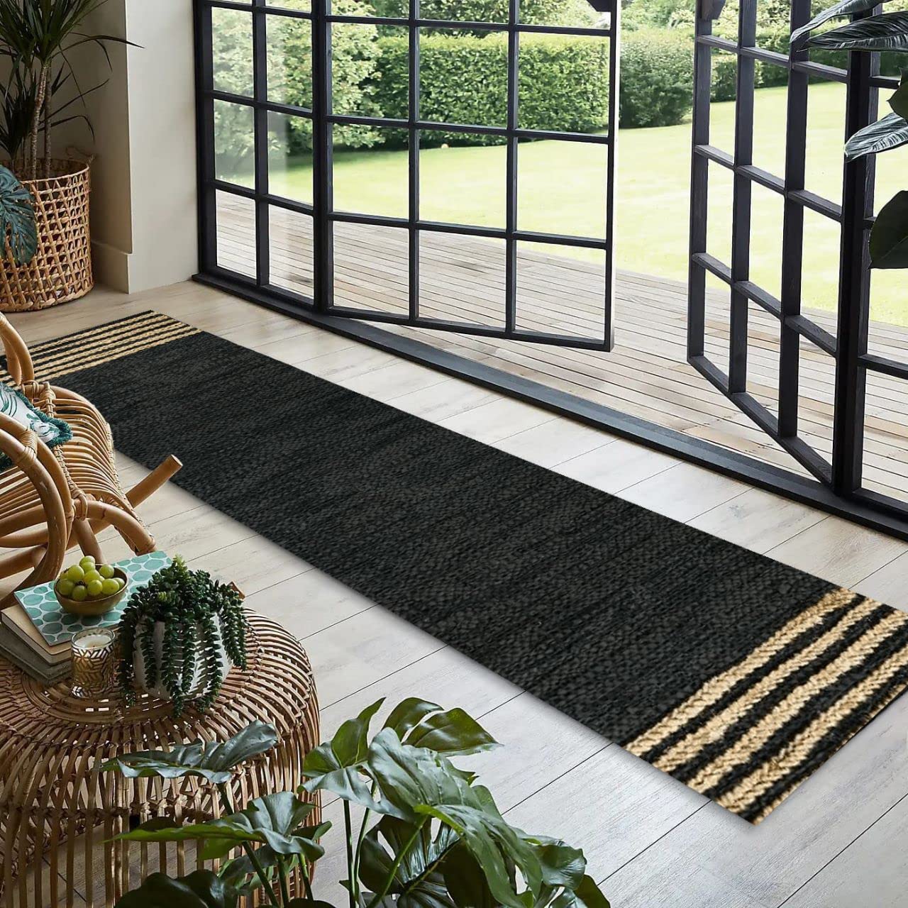 GRUHUM Jute Runner Rug 2'6"x 8' ft Natural Fiber Leather Black Jute Area Rug Handwoven Boho Farmhouse Braided Rustic Vintage Ecofriendly Indoor Rugs for Kitchen Living Room Bedroom Hallways Entryways