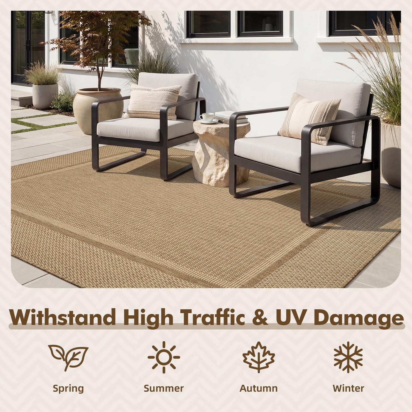 MontVoo-Outdoor Rug-Patio Rug 5x7 ft Polypropylene Indoor Outdoor Rugs Outdoor Carpet for Patio Deck Balcony Porch, Textured Weave, Durable for High Traffic, Fade-Resistant, Modern Neutral Brown