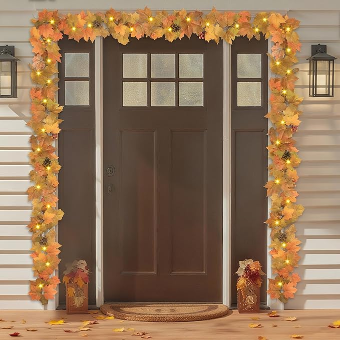 6 Ft Artificial Fall Garland with Lights - Autumn Maple Leaf f Thanksgiving Decor Hanging Vine Autumn Foliage Garland Used for Home Wedding Party Decor
