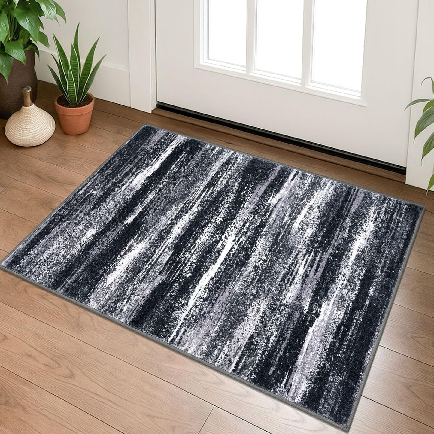 Lansny Modern Abstract Entryway Rug Indoor 2x3 Washable Rug Non-Slip Soft Small Area Rug Black Grey Kitchen Mats Thin Print Faux Wool Floor Carpet Throw Rugs for Entrance Bedroom