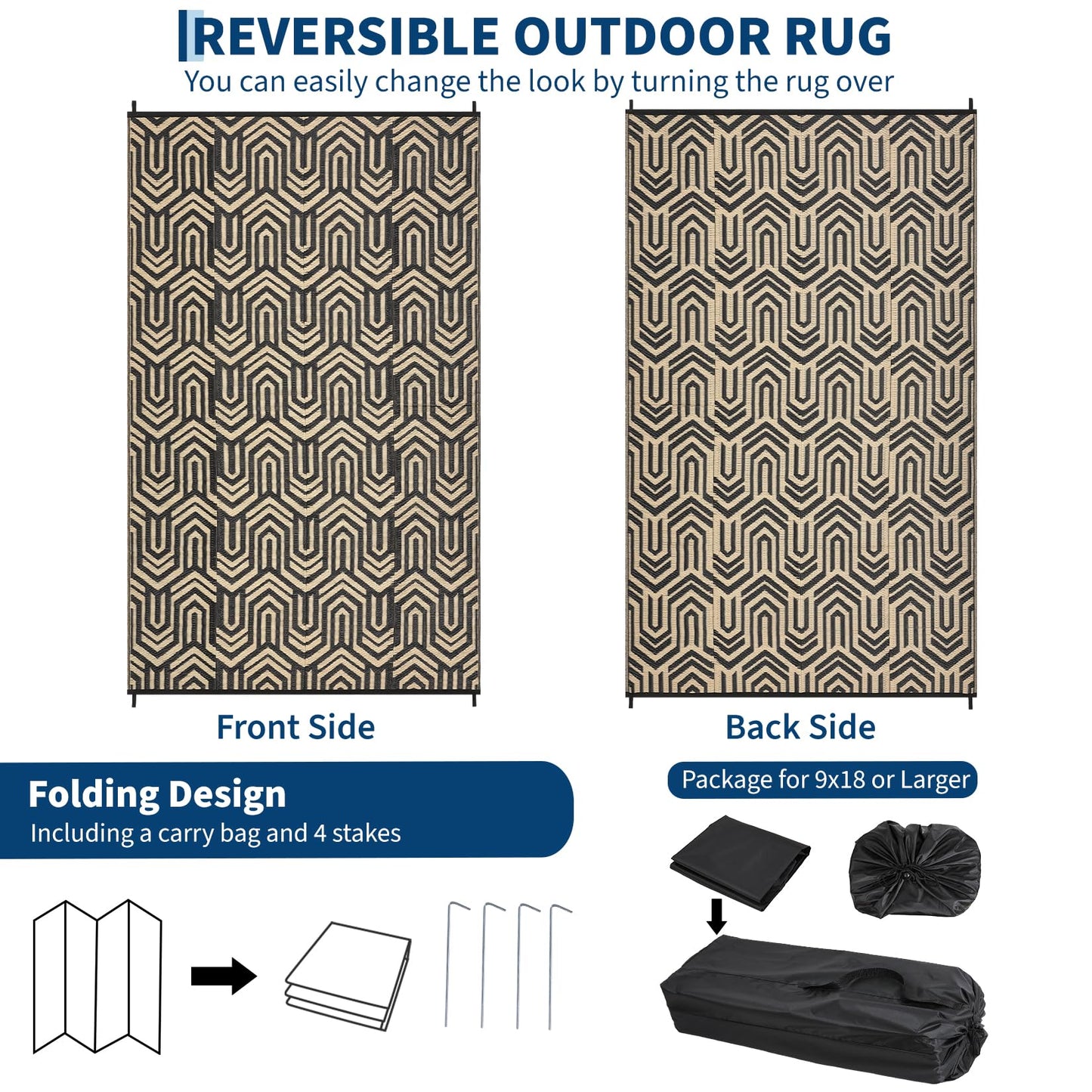 GarveeHome 9'x12' Outdoor Rug Waterproof – Large Patio Mat for Under Dining Table or Sectional Sofa – Low Pile Reversible Plastic Mat, Stain Resistant & Hose Clean, All-Weather UV Coated, Coffee