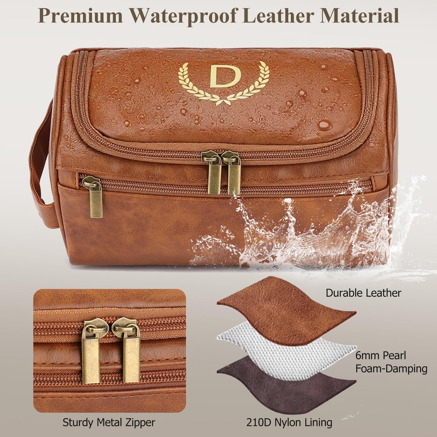 OXYEFEI Personalized Toiletry Bag for Men,Personalized Gifts for Men,Engraved Initial PU Leather Mens Toiletry Travel Shaving Travel Essentials Toiletries Bag for Him Birthday (J, Light Brown)