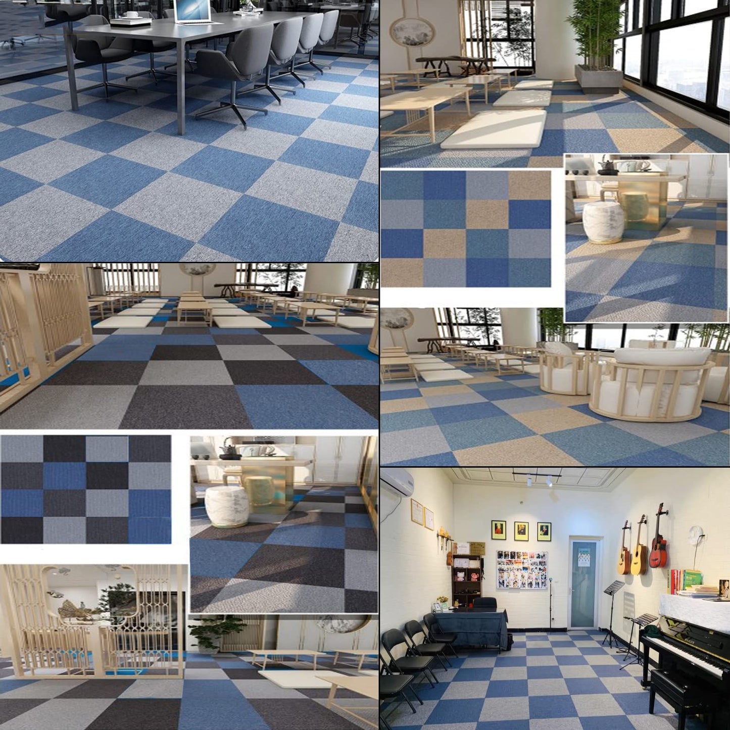 uyoyous 20 Pack Commercial Carpet Tiles, 20'' x 20'' Reusable Carpet Squares with Stickers, 53.8 Sq Ft PVC Backed Carpet Floor Tiles for Home Office, Blue