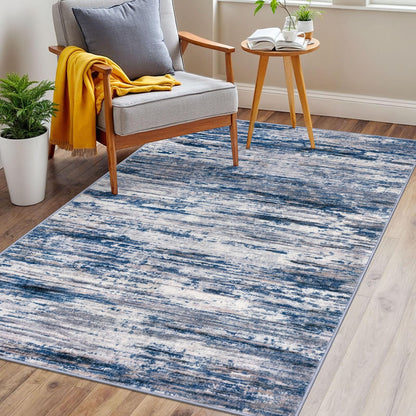 SIILOOM 3x5 Modern Abstract Area Rug for Entryway, Navy Blue Gray Neutral Multi Super Soft Washable Rug with Non-Slip, Low-Pile Door Mat Indoor for Living Room Bedroom, Carpet with Non-Shedding