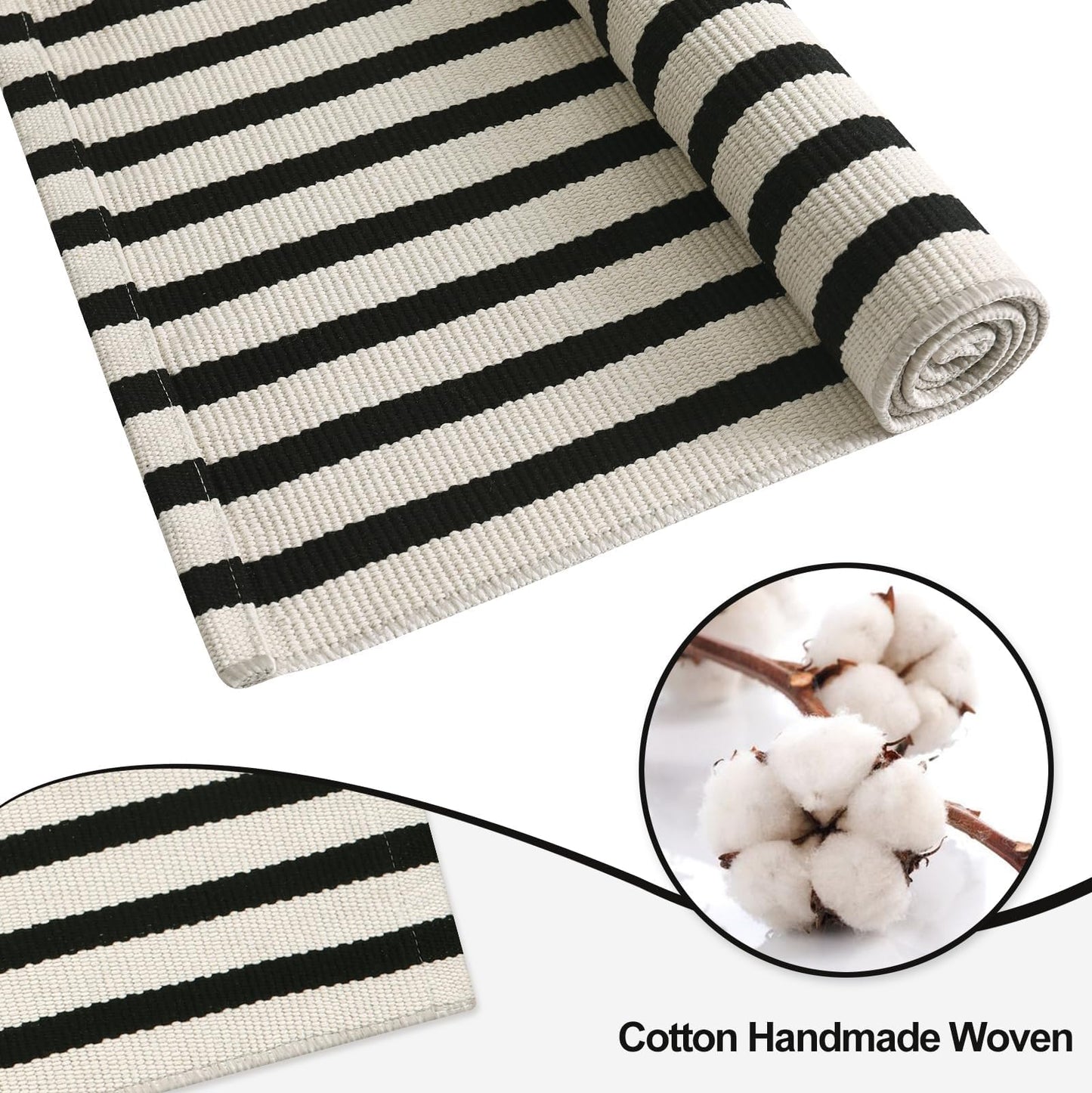 OJIA Washable Area Rugs 4'x6', Black and Cream Outdoor Rug Cotton Woven Entryway Rugs Indoor Striped Patio Rugs Carpet Large Area Rugs for Bedroom/Porch/Deck/Backyard/Home Outside Entrance Decor