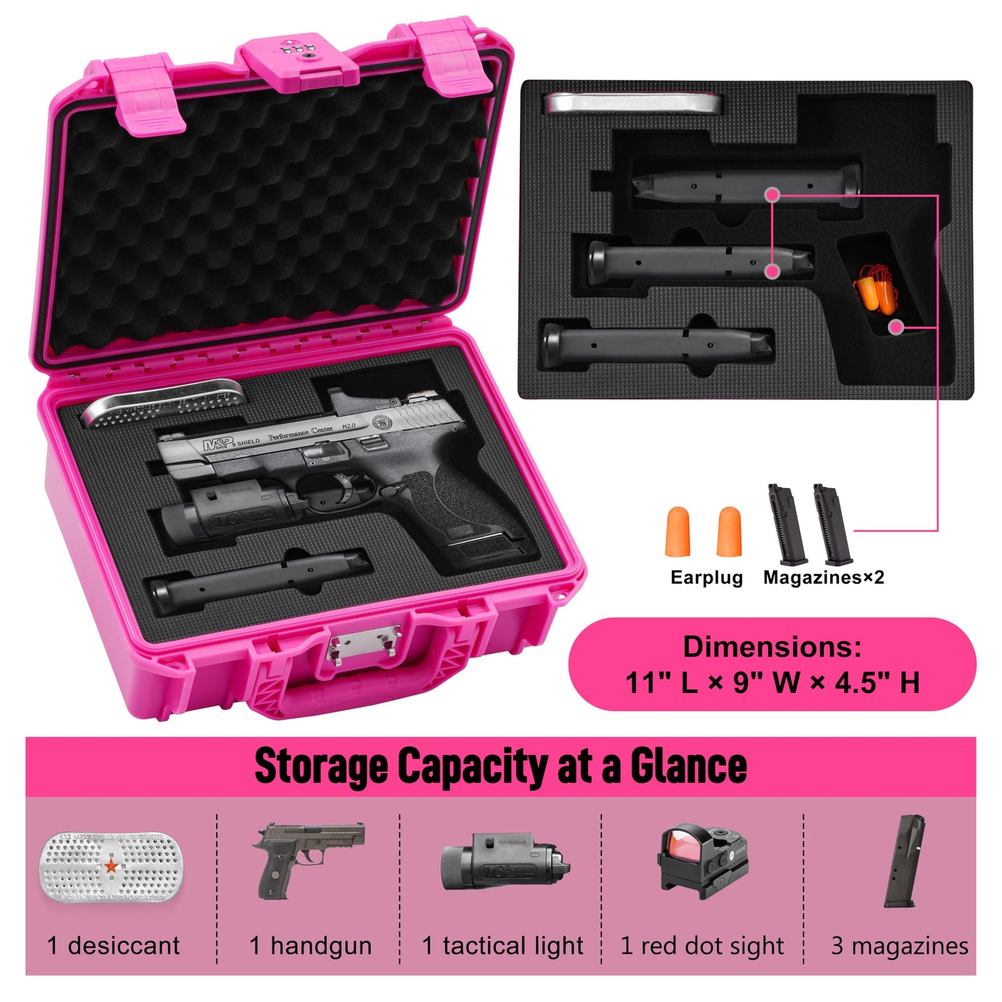 Kinghardcase TSA Approved Pistol Case for Smith & Wesson – Lockable Hard Handgun Case for Travel & Home Storage – Fits M&P 2.0 Full Size & M&P9 Shield Plus with Optic & Tactical Light (Pink)