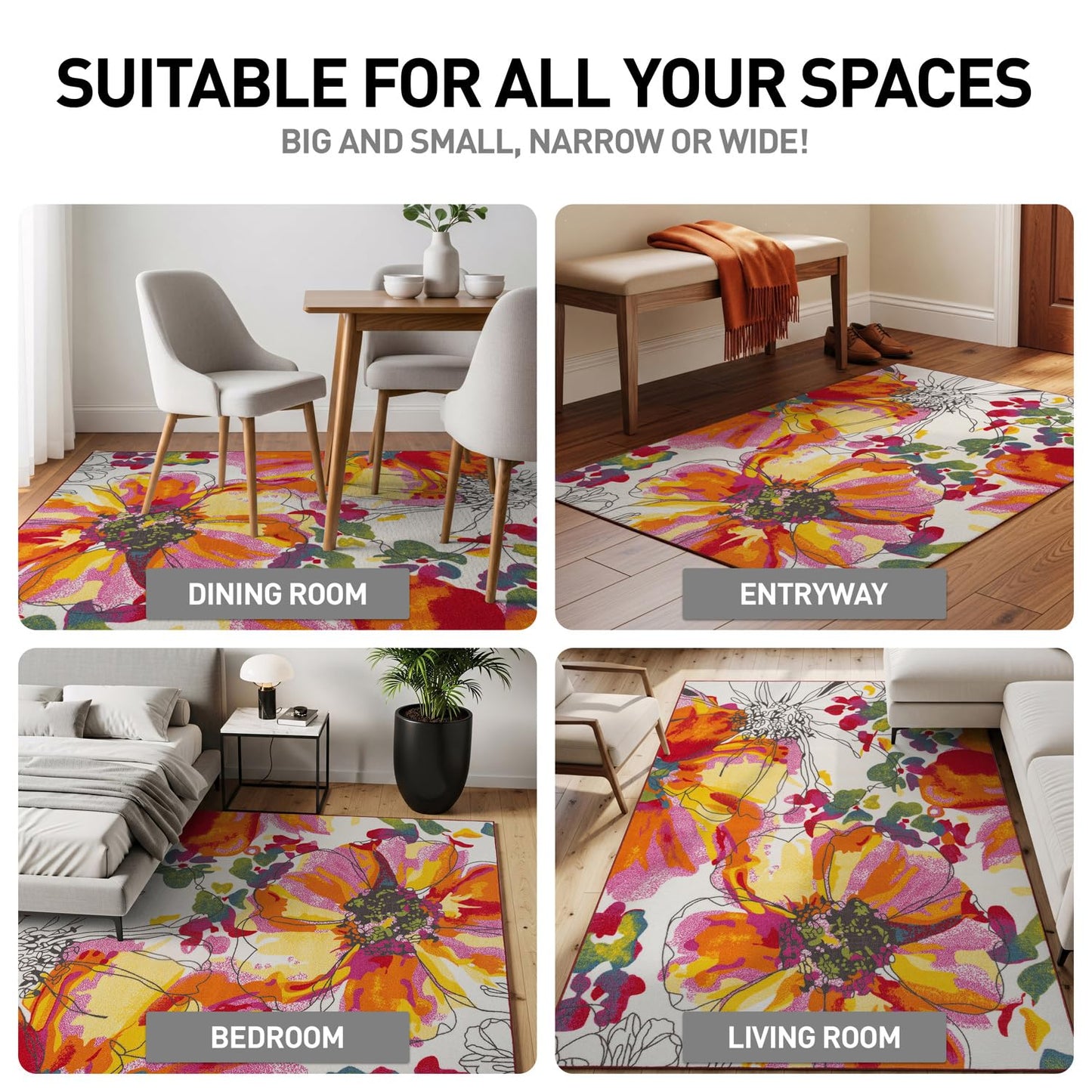 Rugshop Modern Bright Flowers Non-Slip (Non-Skid) Area Rug Runner 2' X 7' (22" X 84") Multi