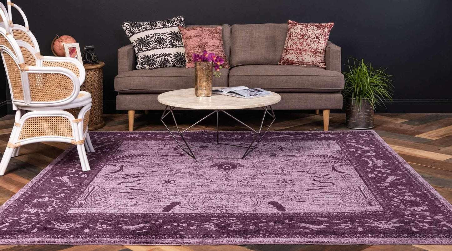 Unique Loom La Jolla Collection Farmhouse, Contemporary, Botanical, Traditional, Vintage Area Rug (8' 0 x 8' 0 Square, Violet/Dark Purple)