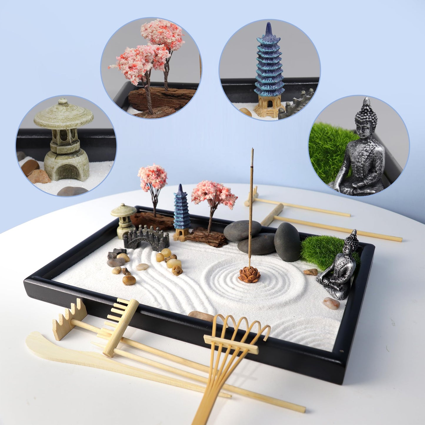 YUNGCHI Zen Garden for Desk Mini Japanese Sand Desktop Office Miniature Zen Garden Box with Kit 11.8 X 7.9 in