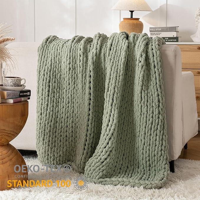 Chunky Knit Blanket Throw, 100% Hand Knit Throw Blanket Handmade Chenille Cable Knit Throw for Couch, Stylish Cozy Soft Rope Knot Crochet Blanket for Home Decor, Sage Green, 40x50 Inches