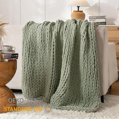 Chunky Knit Blanket Throw, 100% Hand Knit Throw Blanket Handmade Chenille Cable Knit Throw for Couch, Stylish Cozy Soft Rope Knot Crochet Blanket for Home Decor, Sage Green, 40x50 Inches