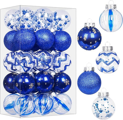 SY Super Bang 30PCS Blue Christmas Ornaments Set, 60MM/2.36" Clear Plastic Shatterproof Ball Ornaments for Christmas Tree Hanging Decorations, for Home Holiday Party Xmas Decor.