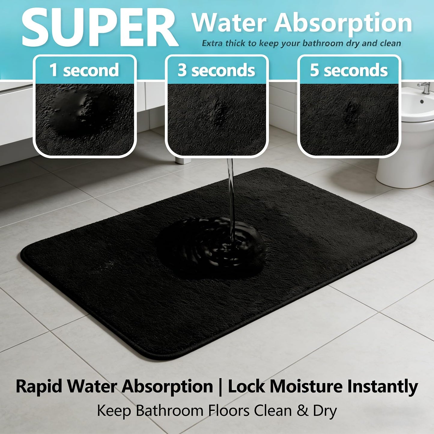 Black Bathroom Rug Set Memory Foam Bath Mats 3 Piece with Toilet Mats, Soft & Supportive, Shock Absorbing, Water Absorbent, Non-Slip Bath Rugs, Machine Washable, Area Rug, Home Decor Accessories
