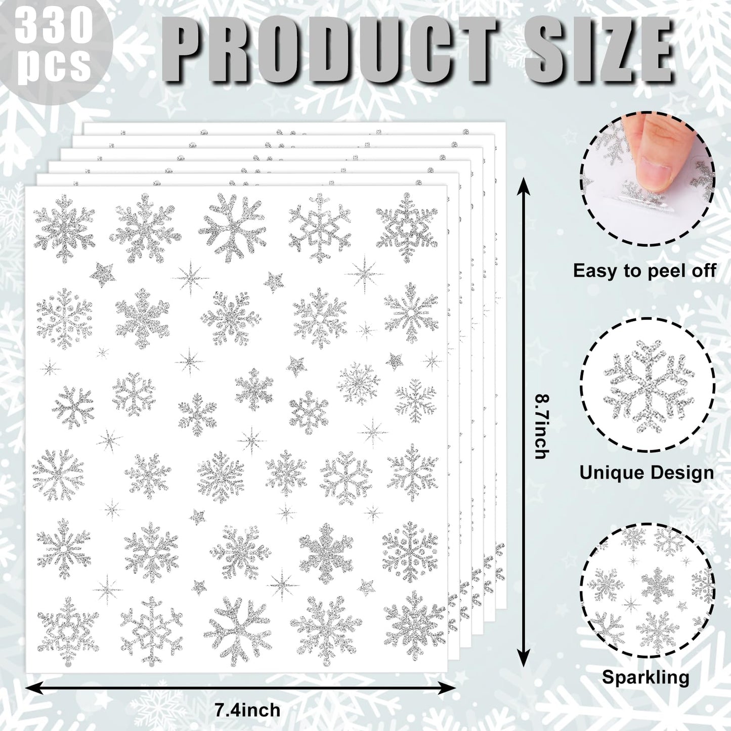 Whaline 330 Pcs Winter Glitter Stickers Silver Snowflake Decals Self Adhesive Stickers for Christmas Home Party DIY Crafts Supplies, 10 Sheets
