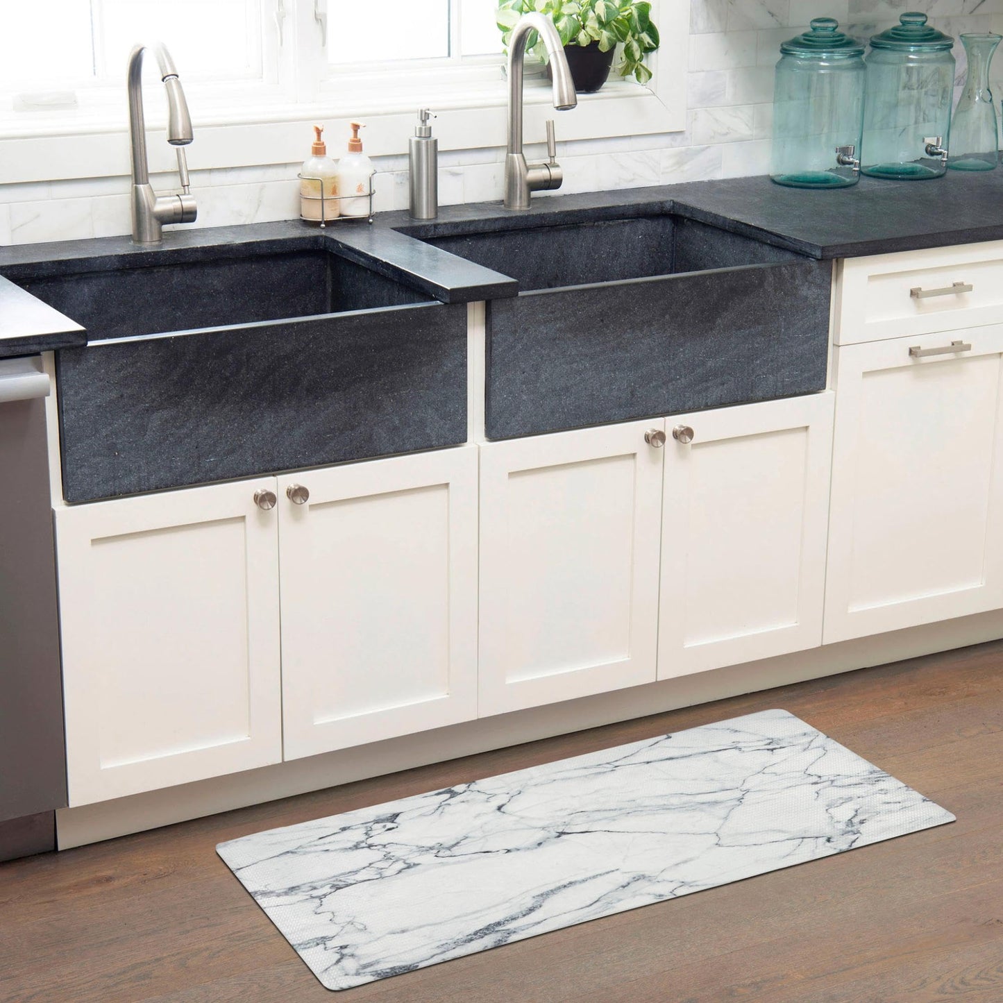 Home Dynamix Cozy Living Modern Marble Runner Anti-Fatigue Kitchen Mat, Non-Slip Floor Mat, Padded Standing Desk Mat, Grey/White, 17.5"x55"
