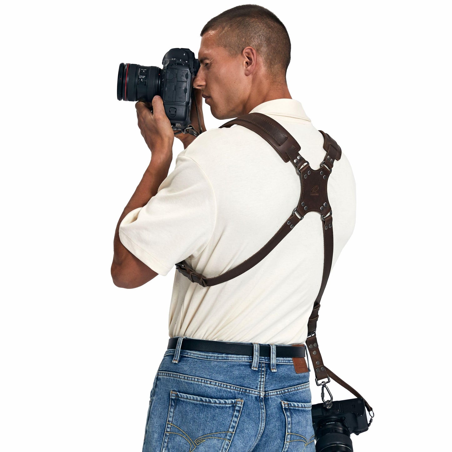 Padwa Lifestyle Dual Camera Harness Strap for Two-Cameras - Dual Shoulder Full Grain Leather Harness,Multi Double Camera Gear for DSLR/SLR Strap,Double Camera Harness for Photographers,Brown